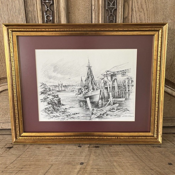 Vintage Jas F Murray Framed Print of Boothbay Harbor Maine Boating Sailing